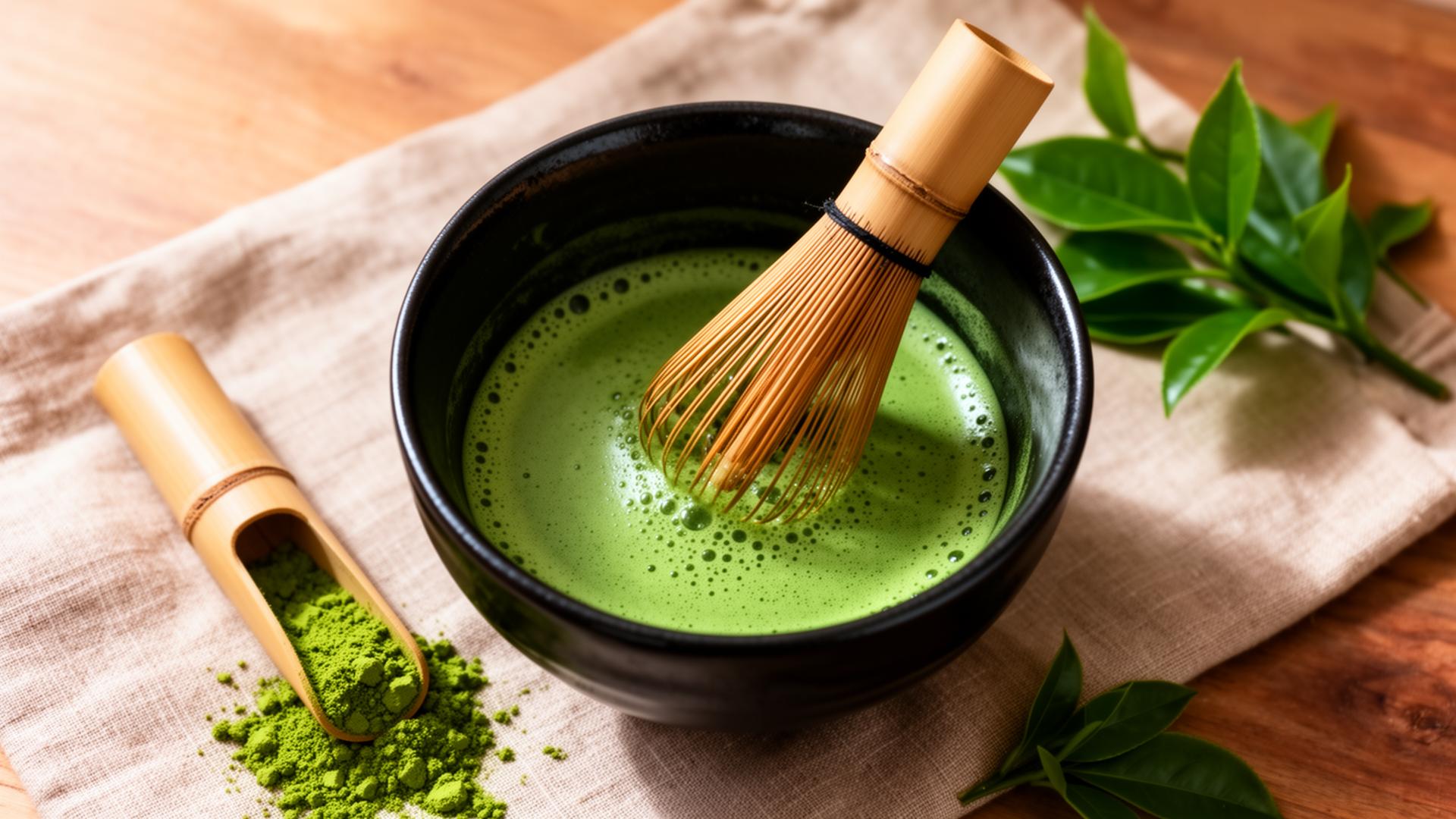 Ceremonial matcha being whisked in a black chawan with bamboo whisk