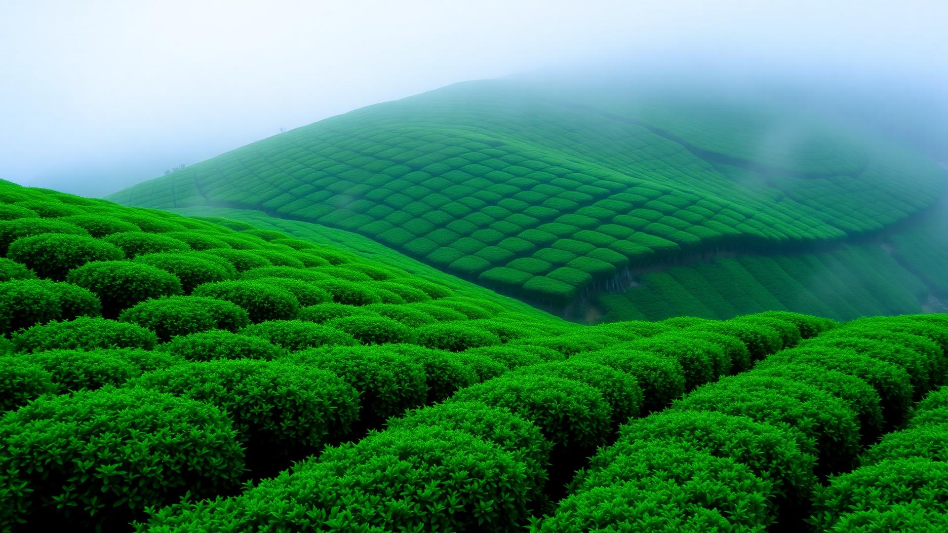 Misty Japanese matcha tea fields at dawn